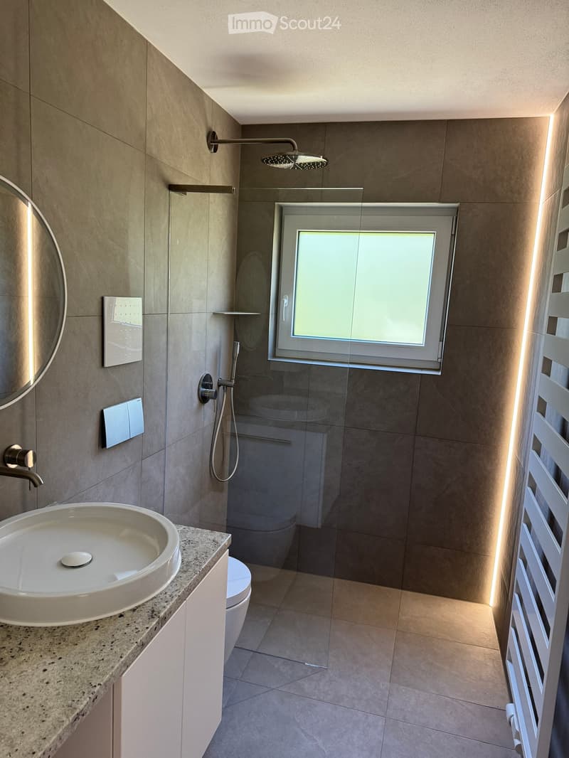 Modern bathroom with a large sink, sleek faucet, round mirror, glass-enclosed shower, and a toilet. Features include a window with frosted glass and modern lighting.