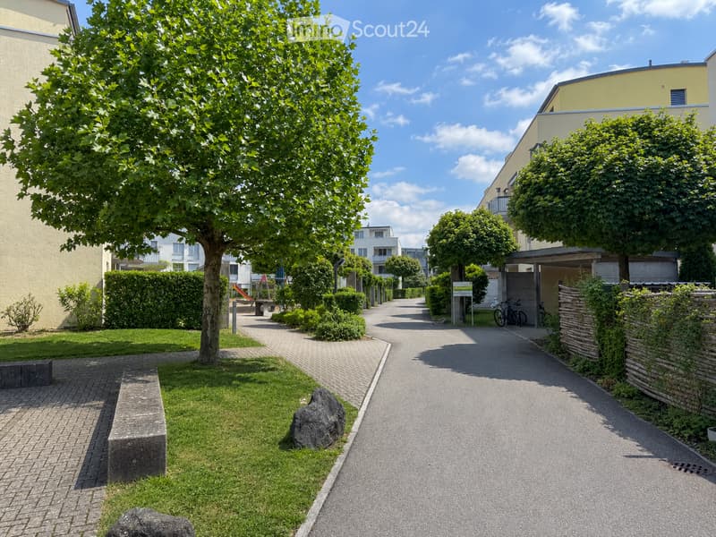 A well-maintained garden area with a paved pathway, green grass, trees, shrubs, and a stone bench. The area is bordered by buildings and includes a small playground in the distance.
