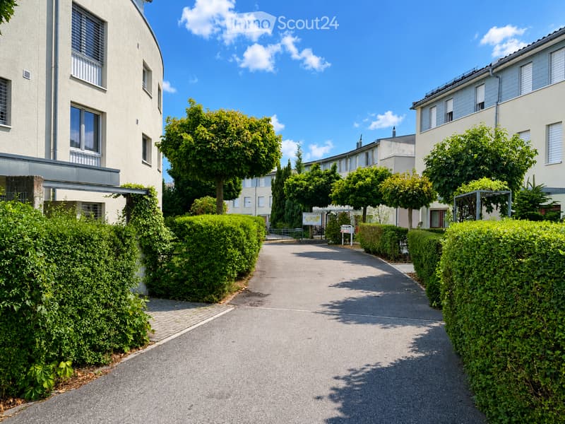 A well-maintained residential area with modern buildings, neatly trimmed hedges, and trees lining a paved pathway.