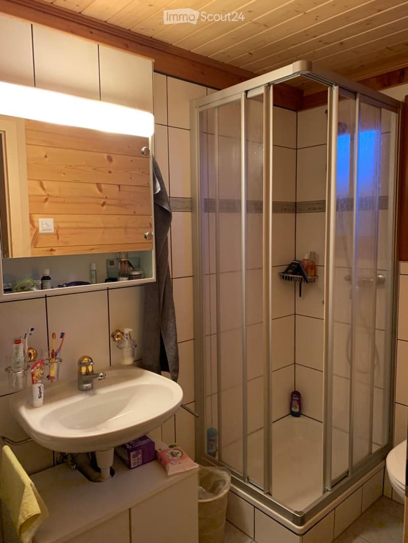 Bathroom with a sink, mirror, toothbrush holder, shower, and towel. Wooden ceiling and tiled walls.