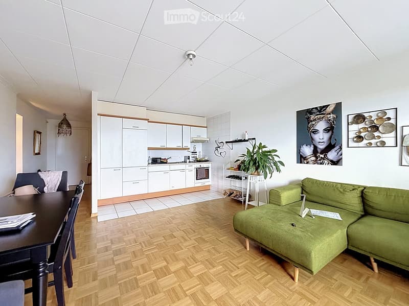 Open-plan living and dining area with a green sofa, wooden dining table, chairs, and a small kitchen with white cabinets and appliances.