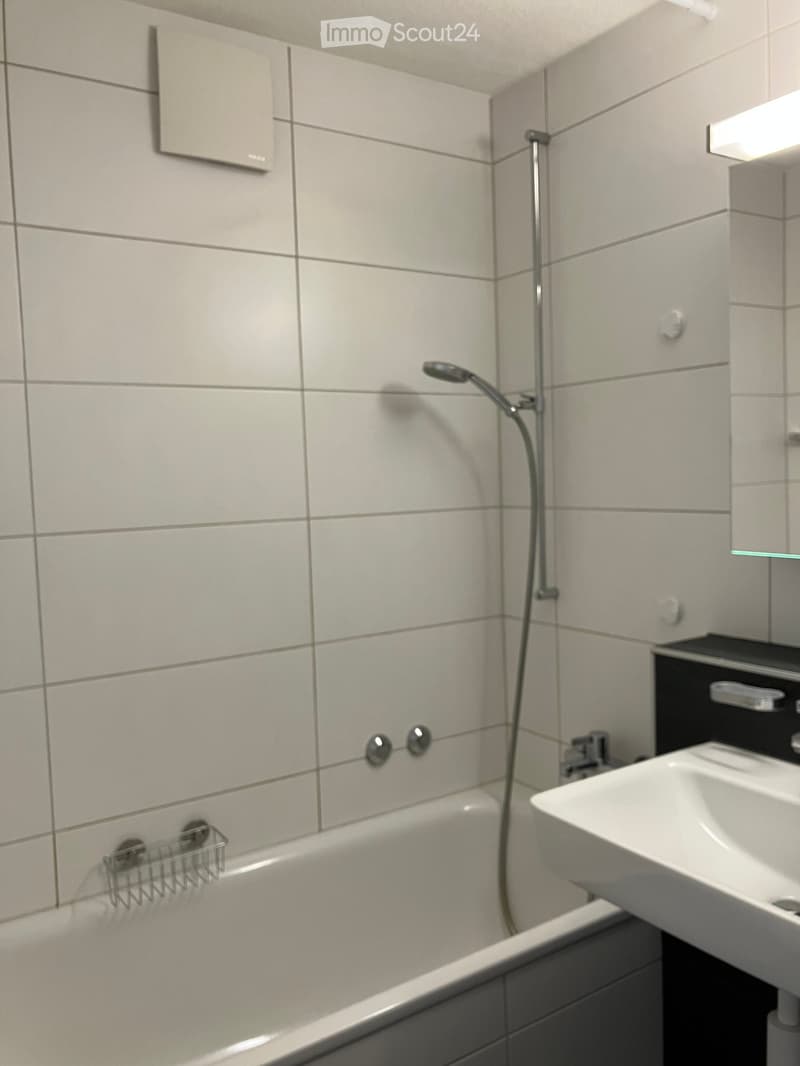 Modern bathroom with white tiled walls, a bathtub, a sink, a showerhead, and a small shelf for toiletries.