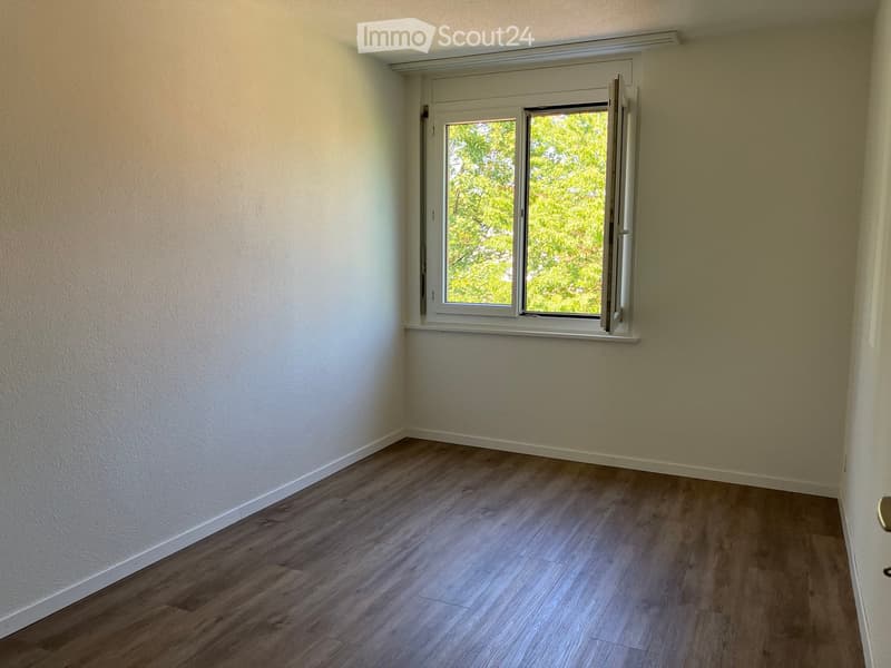 Empty room with light-colored walls and wooden flooring, featuring a single window with white frames and blinds.