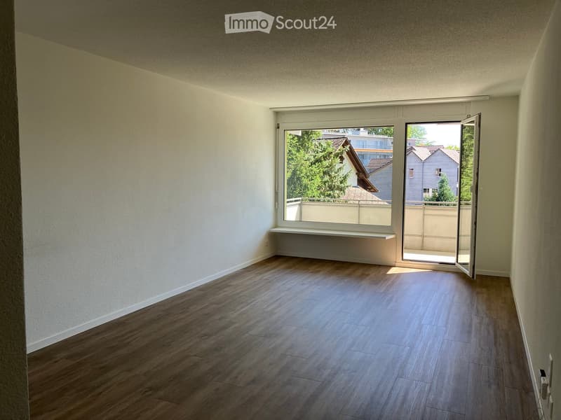 Empty room with light-colored walls, wooden flooring, and a large window with a built-in shelf, leading to a balcony area.