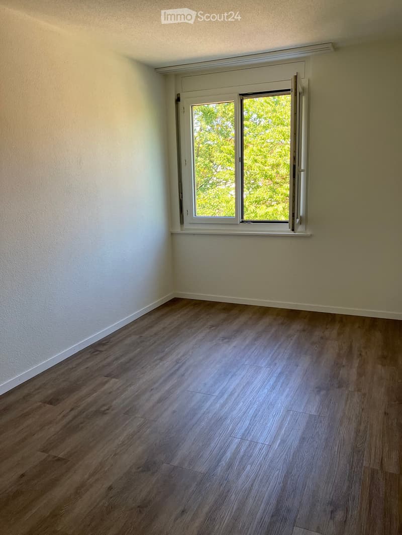Empty room with light-colored walls and wooden flooring, featuring a large window with white frame and blinds.