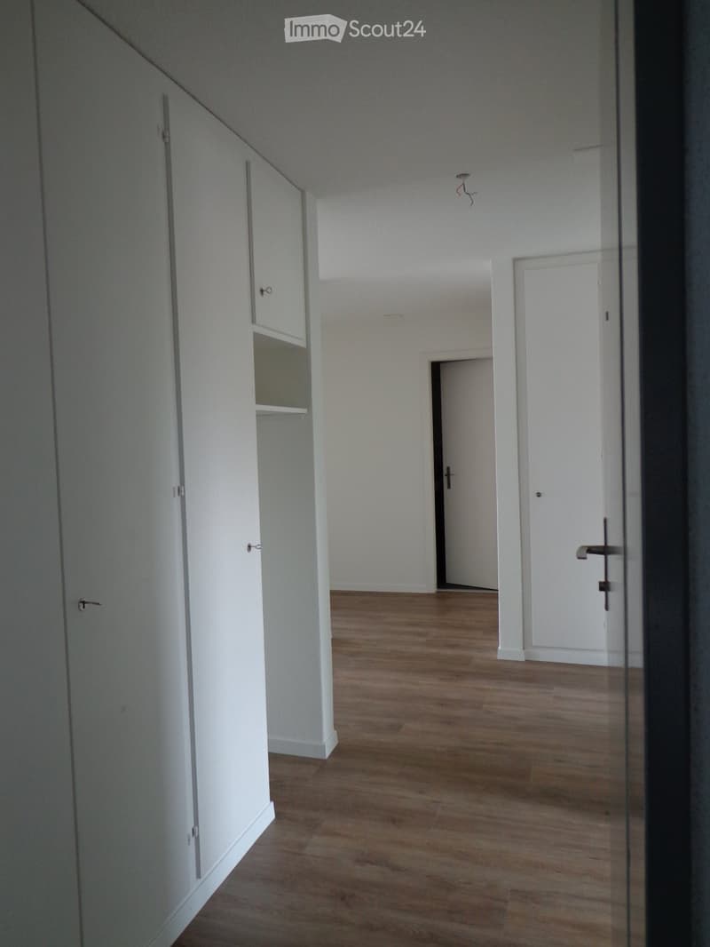 Corridor / Hallway. Empty hallway with wooden flooring, white walls, and several doors leading to other rooms.