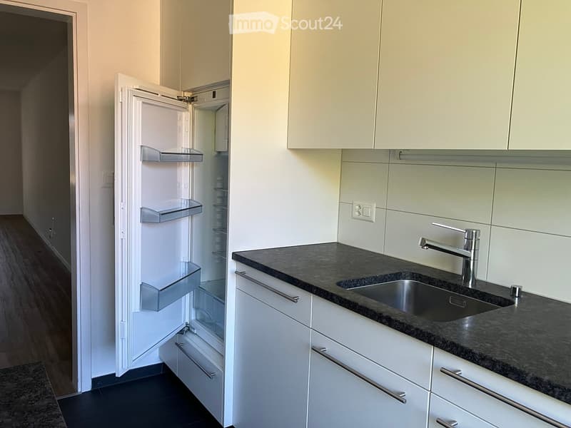 Modern kitchen with white cabinets, dark granite countertop, stainless steel sink, and an open refrigerator with multiple shelves.