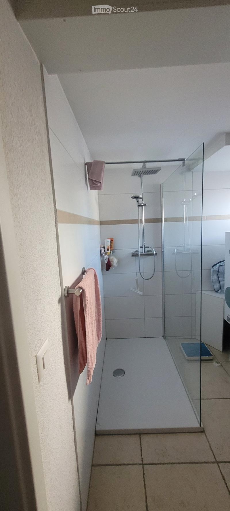 Modern bathroom with a glass-enclosed shower, tiled walls, and a towel rack with a pink towel.