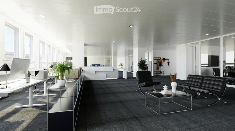 Modern office space with a reception area, desks, chairs, a sofa, coffee table, and plants.