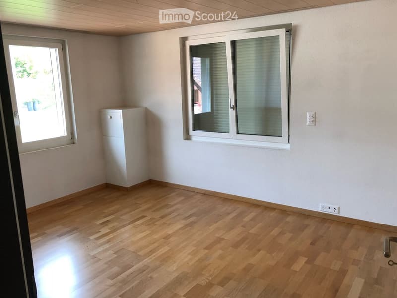 Empty room with wooden flooring, white walls, and two windows with blinds. A small white cabinet is visible near one window.
