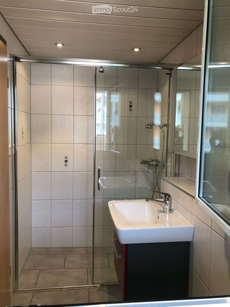 Modern bathroom with a white sink, chrome faucet, glass-enclosed shower, and tiled walls.