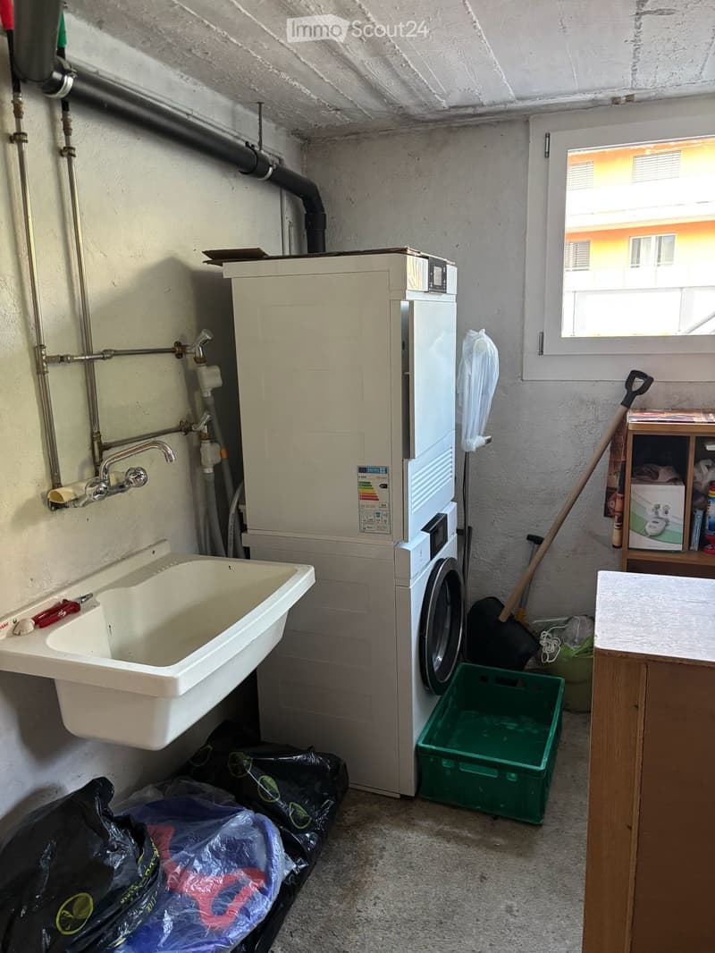 Utility room with a sink, washing machine, faucet, shovel, and plastic bags on the floor.