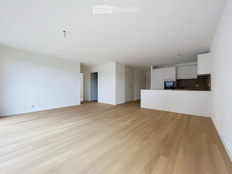Empty room with light wooden flooring, white walls, and a small kitchen area with cabinets and appliances visible in the background.