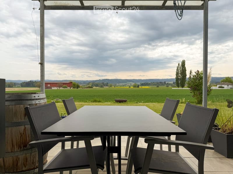 Outdoor dining area with a table and chairs, a barrel, and potted plants.