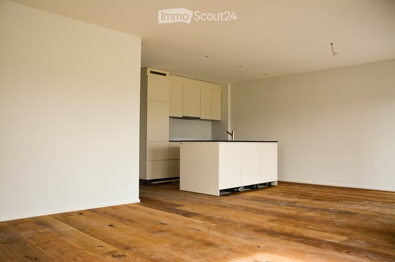 empty kitchen with wooden floor, white walls, white cabinets, island with sink