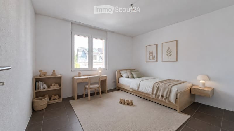 A cozy, well-lit bedroom with a wooden bed, nightstand, desk, and bookshelf. The room features a large window with blinds, a woven basket, and decorative artwork on the walls.