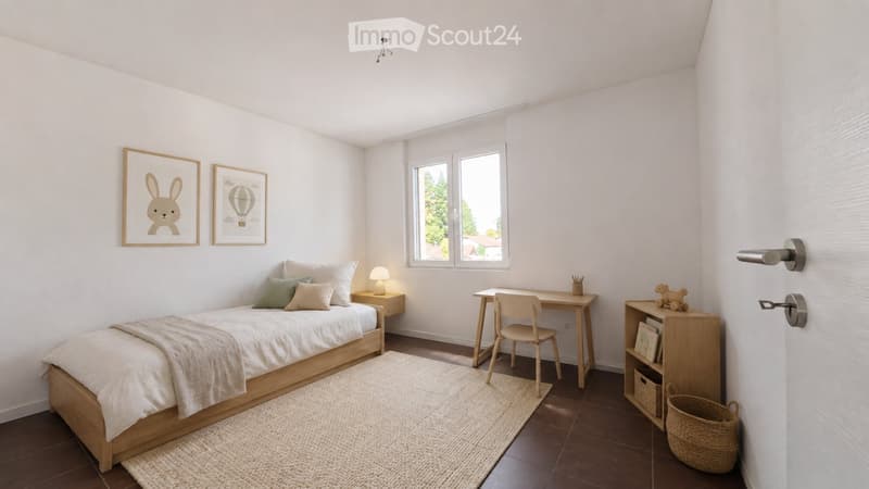 Cozy bedroom with a wooden bed, nightstand, desk, chair, shelf, and decorative picture frames.