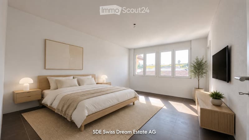 Modern bedroom with a wooden bed, nightstands, lamps, a large mirror, potted plants, and a television mounted on the wall. The room features large windows with a view of the outside.