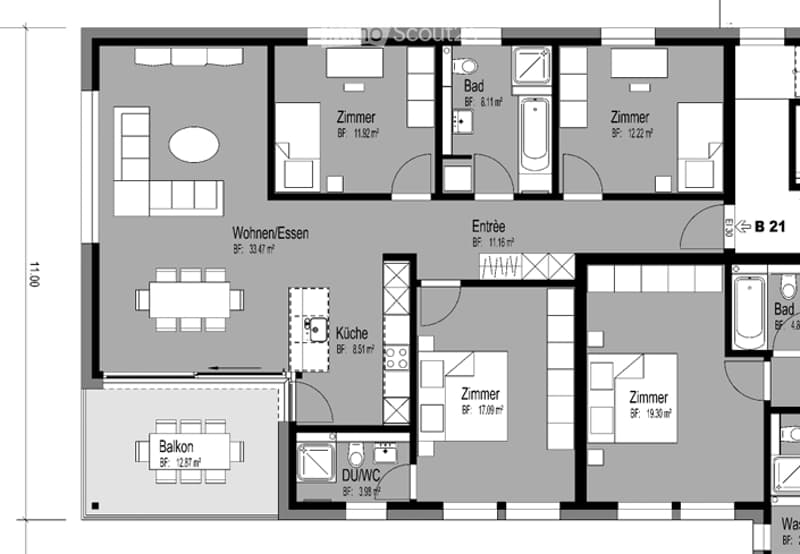 Floor plan of a multi-room apartment including living/dining area, kitchen, four bedrooms, two bathrooms, and a balcony.