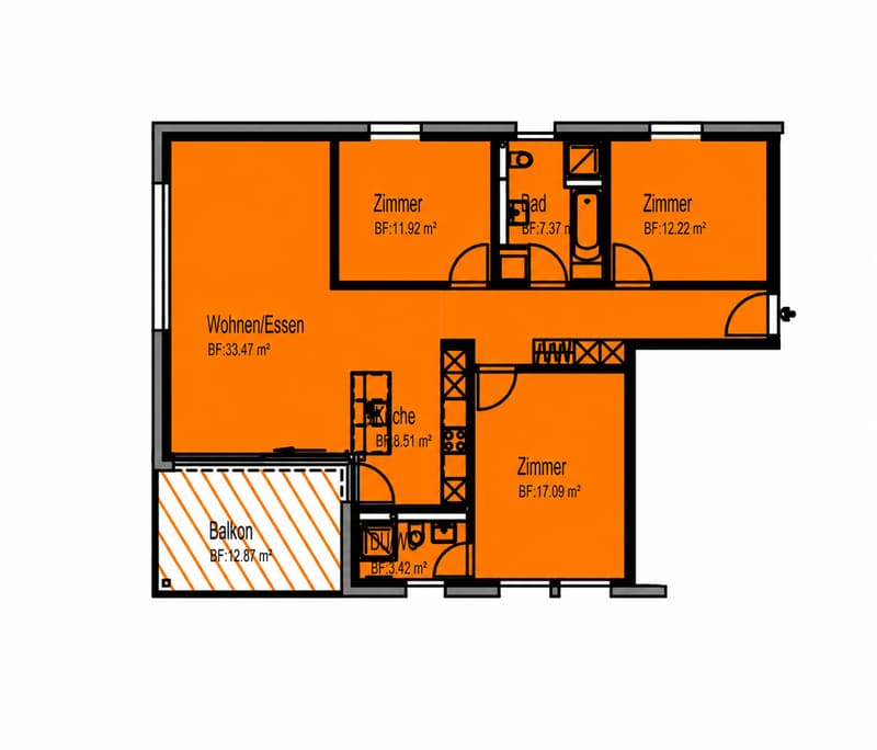 Floor plan showing a living/dining area, three bedrooms, a kitchen, a bathroom, and a balcony.