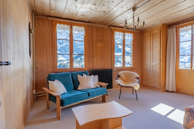 Cozy living room with wooden walls and ceiling, large windows offering a mountain view, blue sofa, wooden coffee table, and a fur-covered chair.