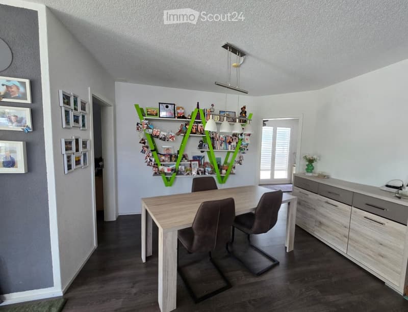 Dining area with a wooden table, four chairs, a modern cabinet, and a green shelving unit with photos and decorative items.