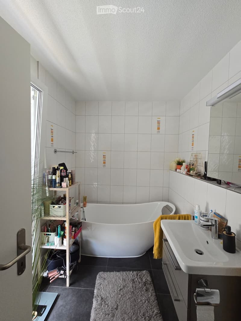 Modern bathroom with a freestanding bathtub, sink, mirror, and shelf holding toiletries. Features a grey rug, towel, and small plant near the door.