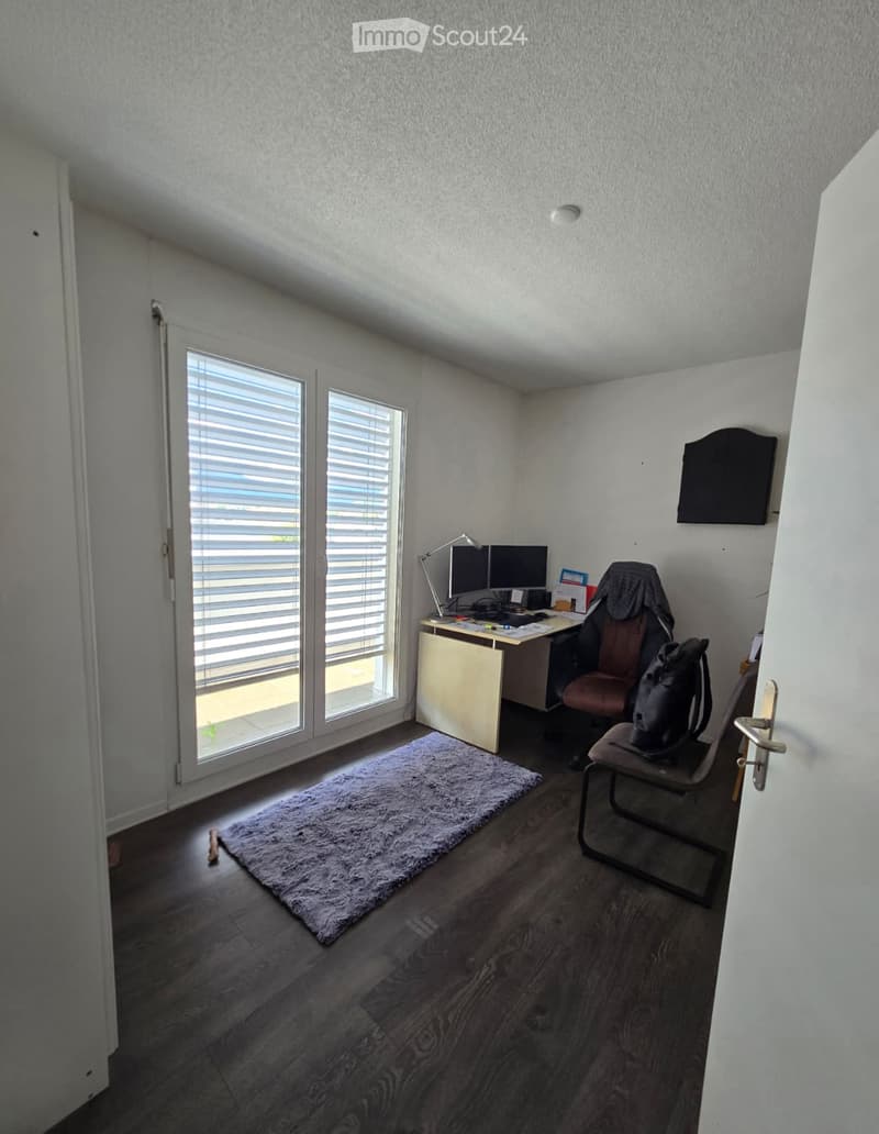 Office space with wooden flooring, large windows with blinds, desk with computer and lamp, office chair, and a small rug.
