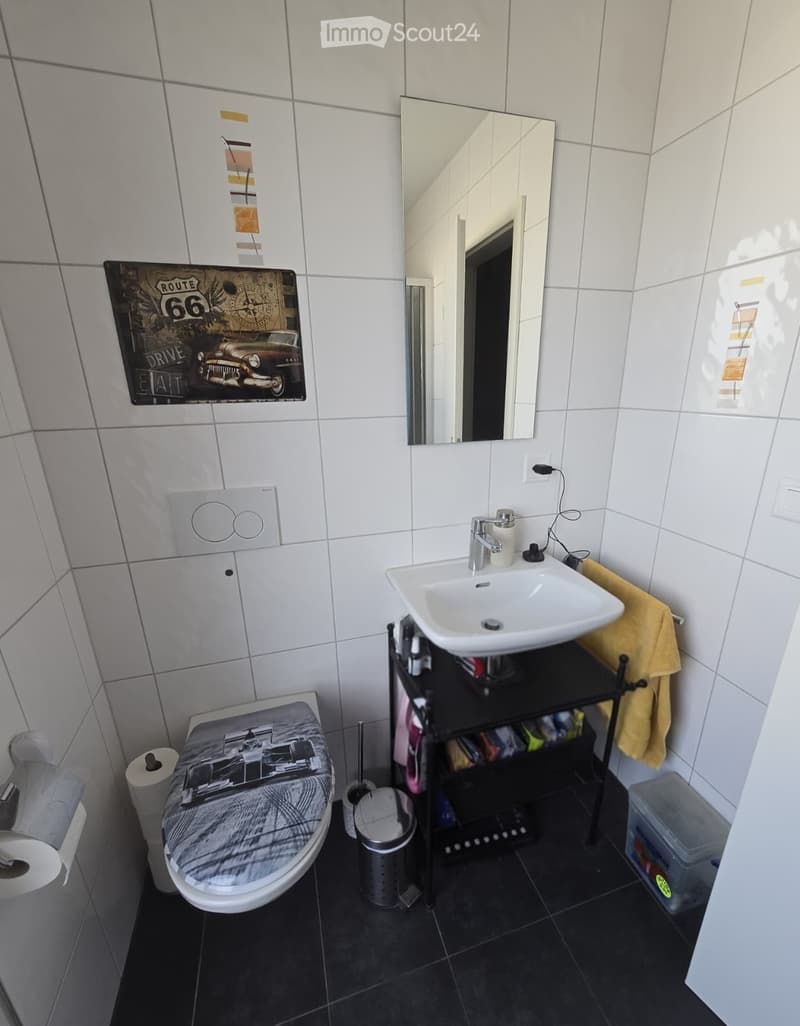 Modern bathroom with white tiles, a toilet with a decorative cover, a sink with a mirror above it, a towel hanging on a rack, and a small storage shelf with toiletries.
