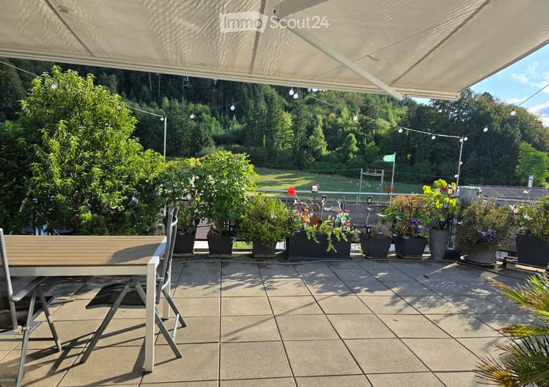 A covered outdoor patio with a wooden table, chairs, and several potted plants arranged along the edge, overlooking a green, wooded area.