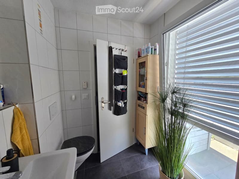 Modern bathroom with a sink, toilet, and a small wooden cabinet. A yellow towel hangs on the left side, and a potted plant is placed near the window with blinds. Various toiletries are visible on the cabinet and a black hanging organizer.