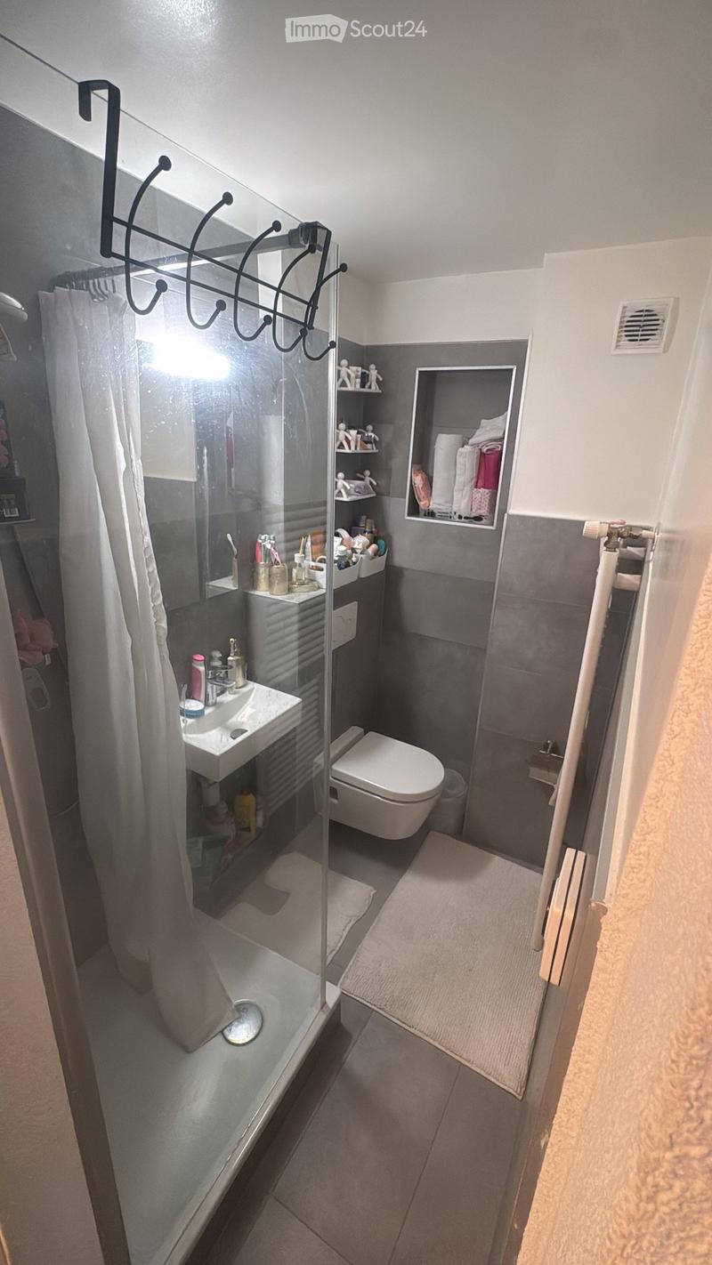 Modern bathroom with grey tiles, a white sink, toilet, and a glass-enclosed shower. Shelves hold towels and toiletries, and a towel rack is mounted on the wall.