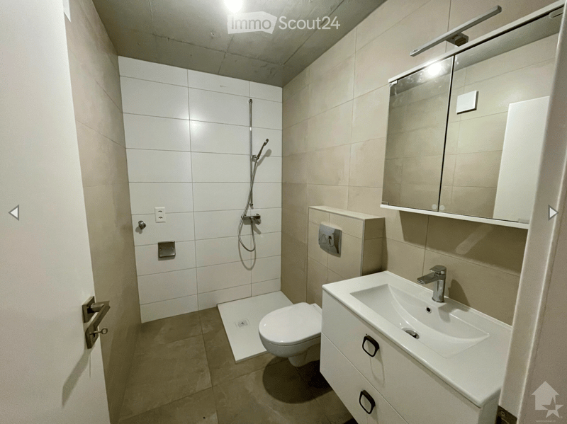 Modern bathroom with white tiles, a toilet, a sink with a mirror cabinet, and a shower area.