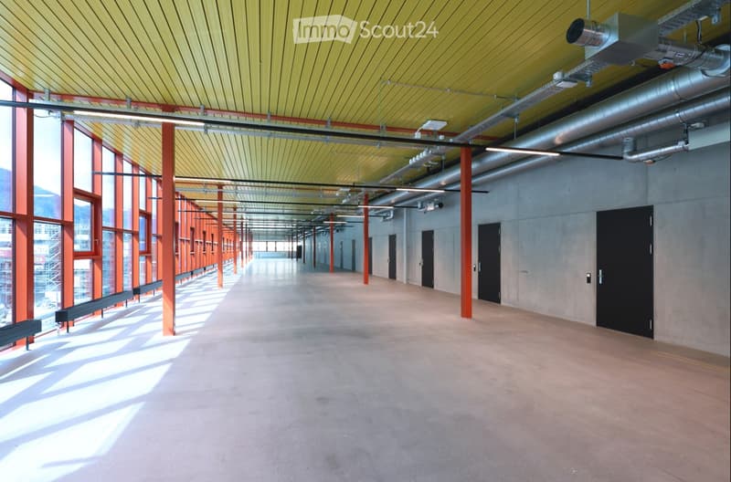 Empty industrial-style corridor with concrete floors, red metal pillars, large windows, and black doors.