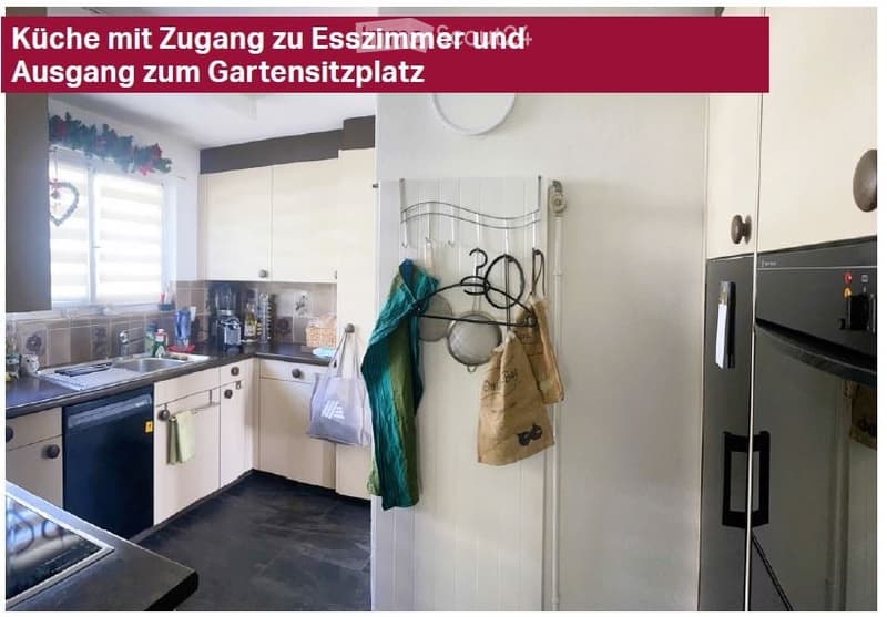 Bright kitchen with white cabinets, stainless steel appliances, a sink, and a towel rack with hanging items. The space includes a refrigerator, dishwasher, and a handbag placed near the door.