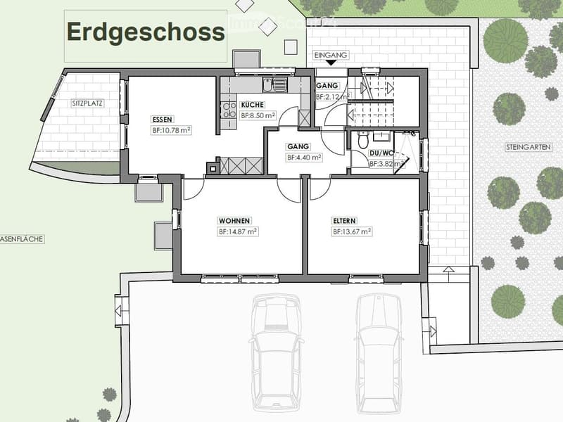 Ground floor floor plan showing entrance, kitchen, dining area, living room, bedroom, bathroom, and garage with two parking spaces.