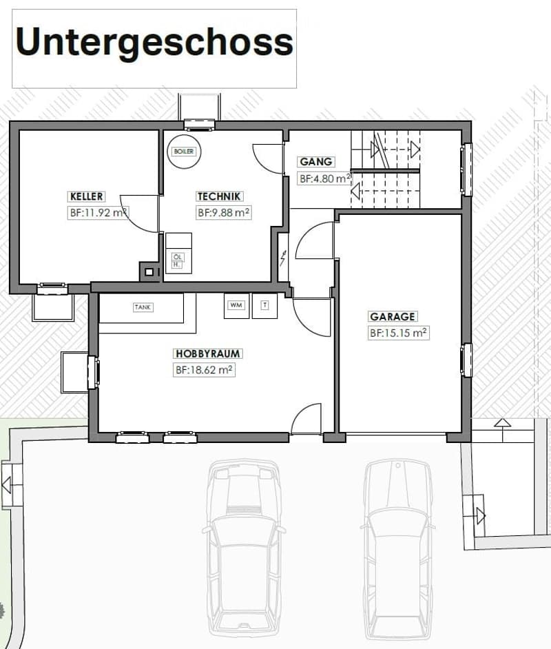 Floor plan of the basement level showing a garage, hobby room, technical room, boiler room, and storage areas.