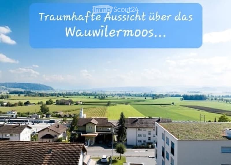 Aerial view of a rural area with fields, houses, and a clear blue sky.