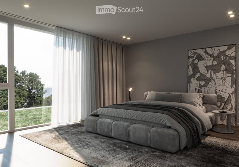 bedroom with large bed, carpet, modern lamps, large windows with curtains, view of nature
