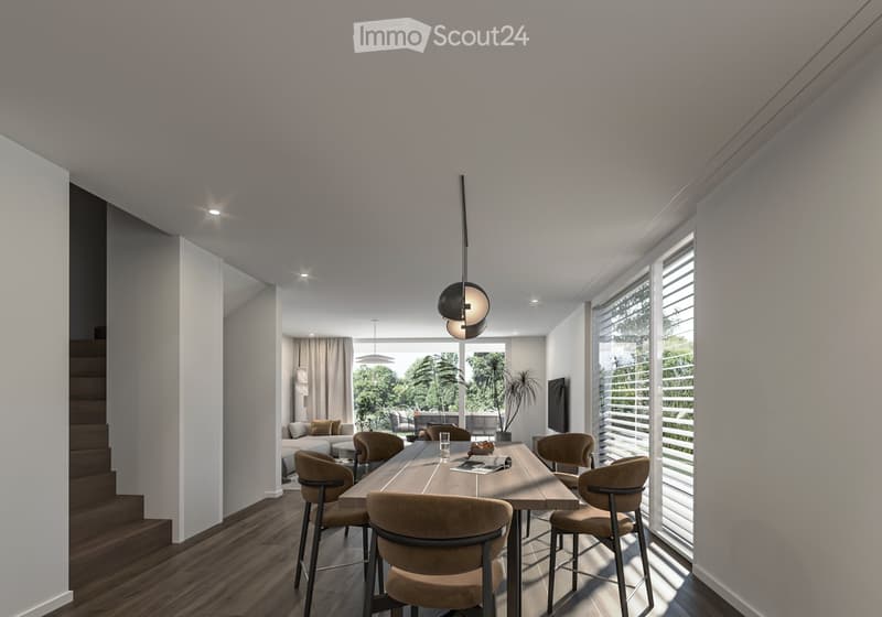 Modern dining room with large windows and sliding glass doors to a patio, wooden floor, dark brown chairs, central dining table, pendant lamps, side table, and large windows with shutters.