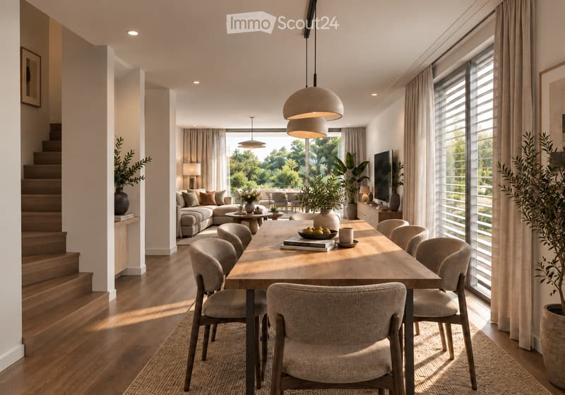 Modern dining area with a wooden dining table, six upholstered chairs, pendant lighting, a sofa, coffee table, and large windows with sheer curtains. The space features a staircase leading to an upper level and a view of greenery outside.
