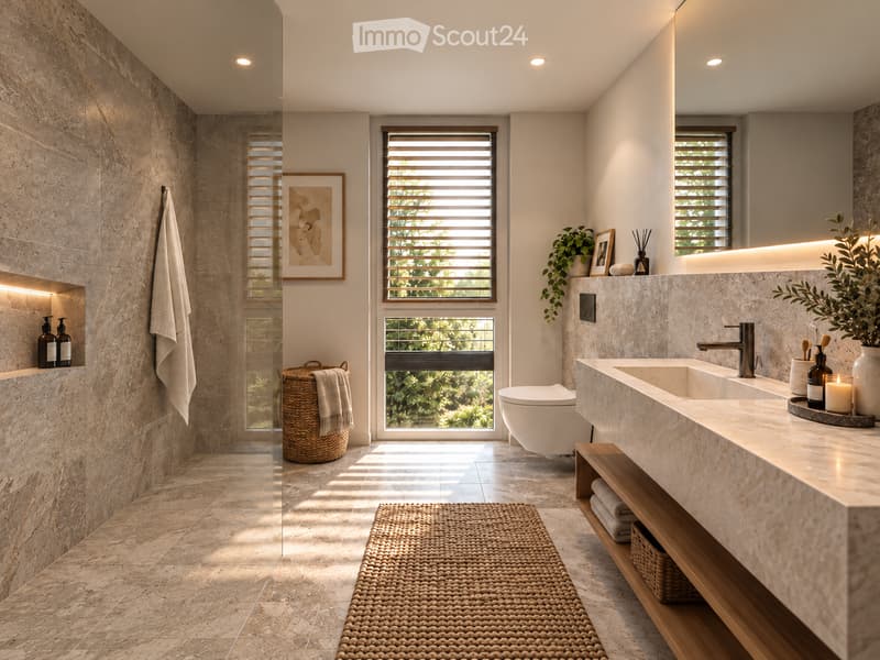 Modern bathroom with marble tiles, double sink, toilet, large windows with blinds, decorative items including candles, plants, and artwork.