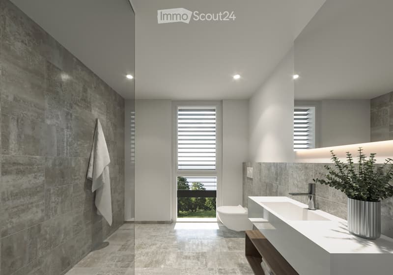 modern bathroom, concrete tiles, double sink, shower, white toilet, outdoor view