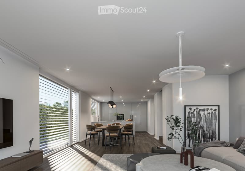 modern interior design, wooden floor, dining table with chairs, large windows, living room with couch and artwork, ceiling lights, kitchen with countertops
