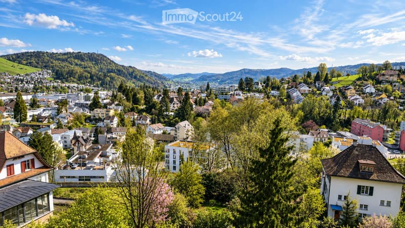 A panoramic view of a town nestled in a valley with a mix of residential and commercial buildings, surrounded by lush green hills and a clear blue sky.