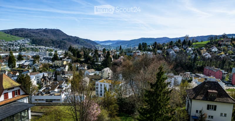 A panoramic view of a town nestled in a valley with a mix of residential and commercial buildings, surrounded by green hills and trees.