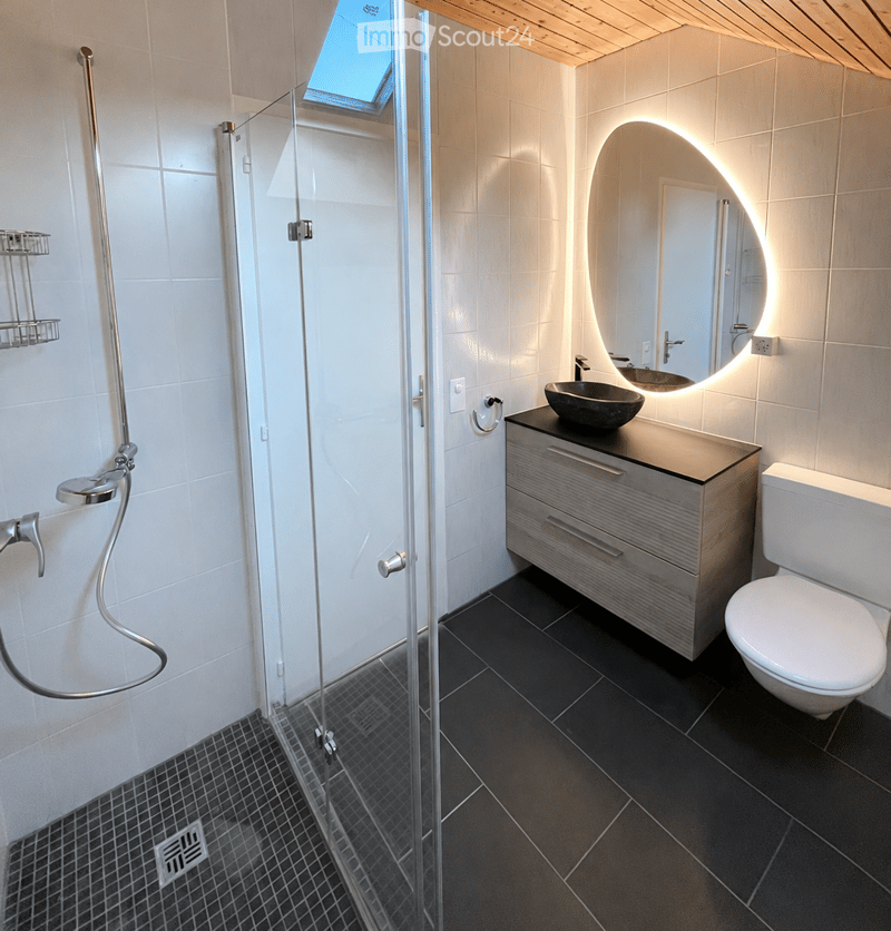 Modern bathroom with a glass-enclosed shower, a sleek sink with a dark countertop, a toilet, and a round illuminated mirror above the sink.