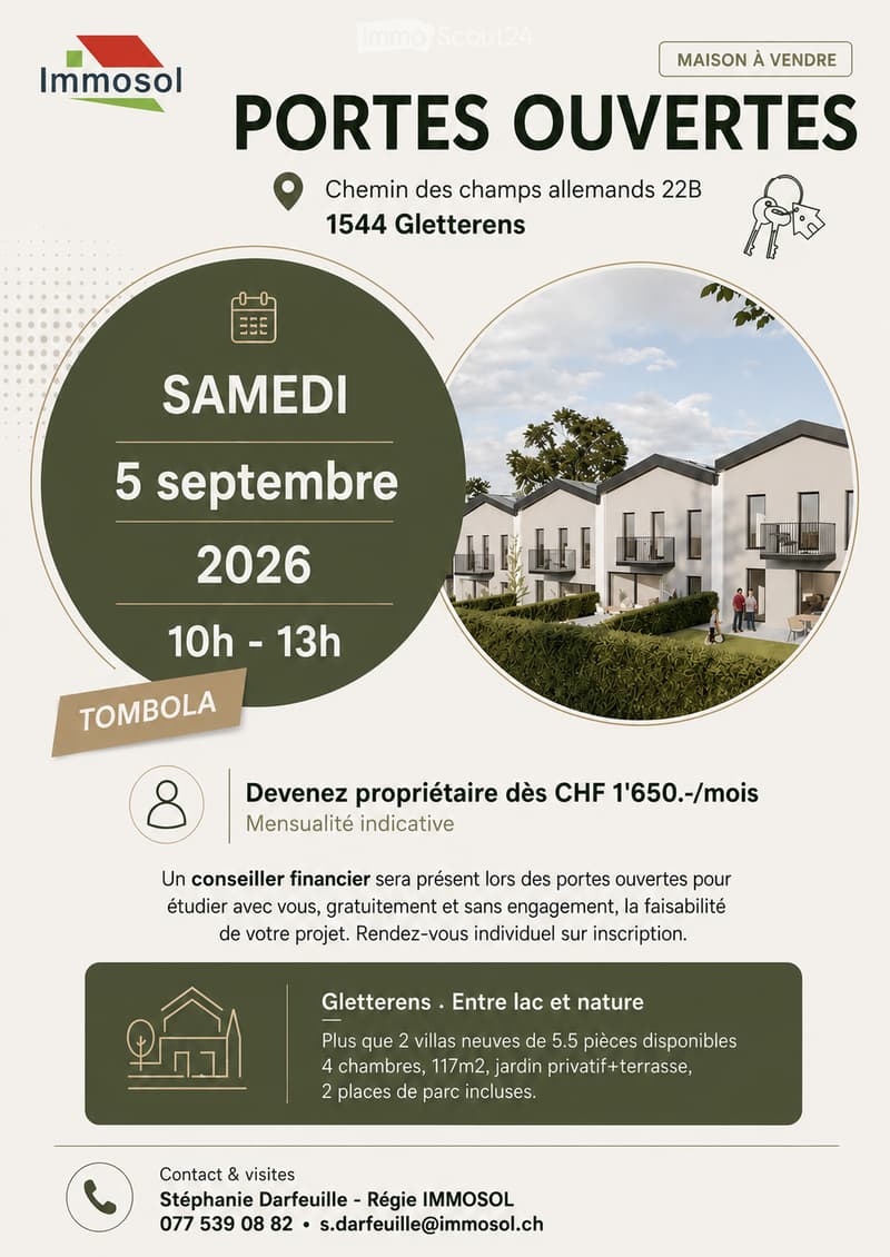 Promotional poster for an open house event featuring a modern house exterior with balconies, surrounded by greenery, and details about the property and event schedule.