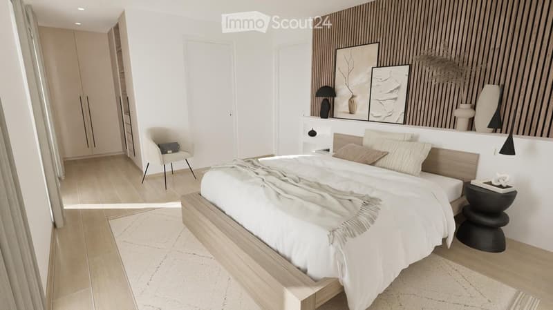 Modern bedroom with a large bed, white bedding, a wooden headboard, a side table with a lamp, a chair, and decorative vases on a shelf.