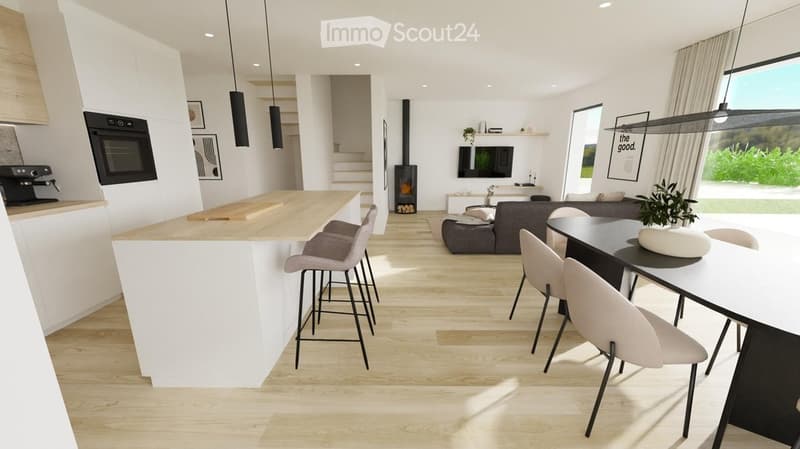 Modern open-plan living and dining area with a kitchen island, sofa, dining table, and fireplace.
